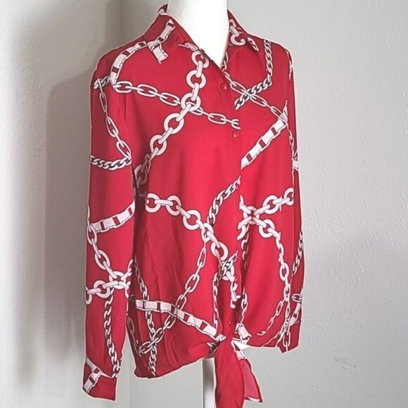 Susan Graver Red Blouse w/ White Chain Print, Longsleeve, Ties at Waist, Size 2 - Picture 2 of 9